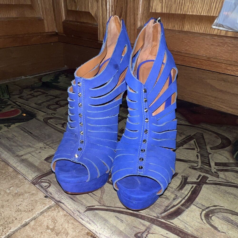 Schutz Blue Strappy Suede Stiletto Heels Ankle Strap Zipper Studded 10B